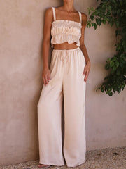 Elasticity Pleated Solid Color Spaghetti-Neck Tops + High Waisted Drawstring Pants Trousers Two Pieces Set