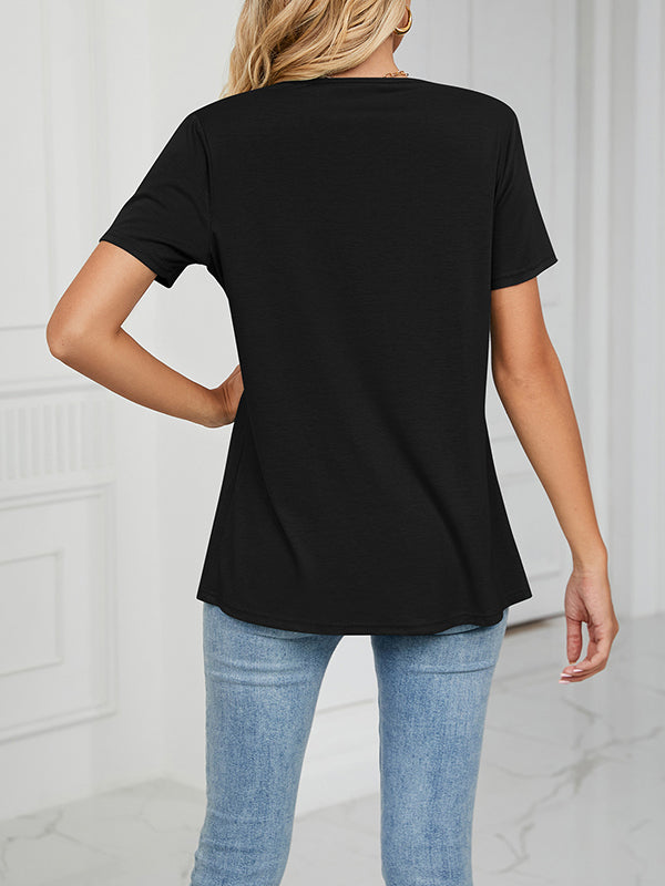 Loose Short Sleeves Pleated Solid Color Split-Joint Round-Neck T-Shirts