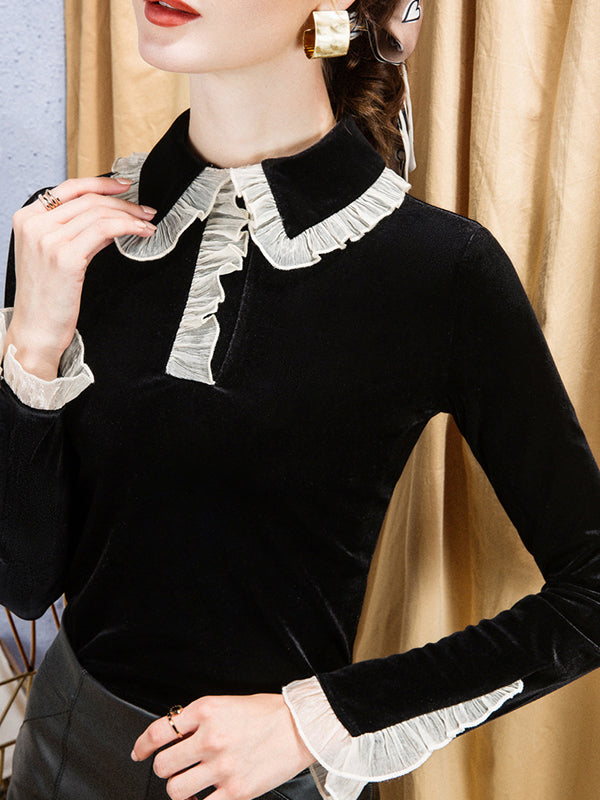 Long Sleeves Skinny Hollow Ruffled Peter Pan Collar T-Shirts Tops