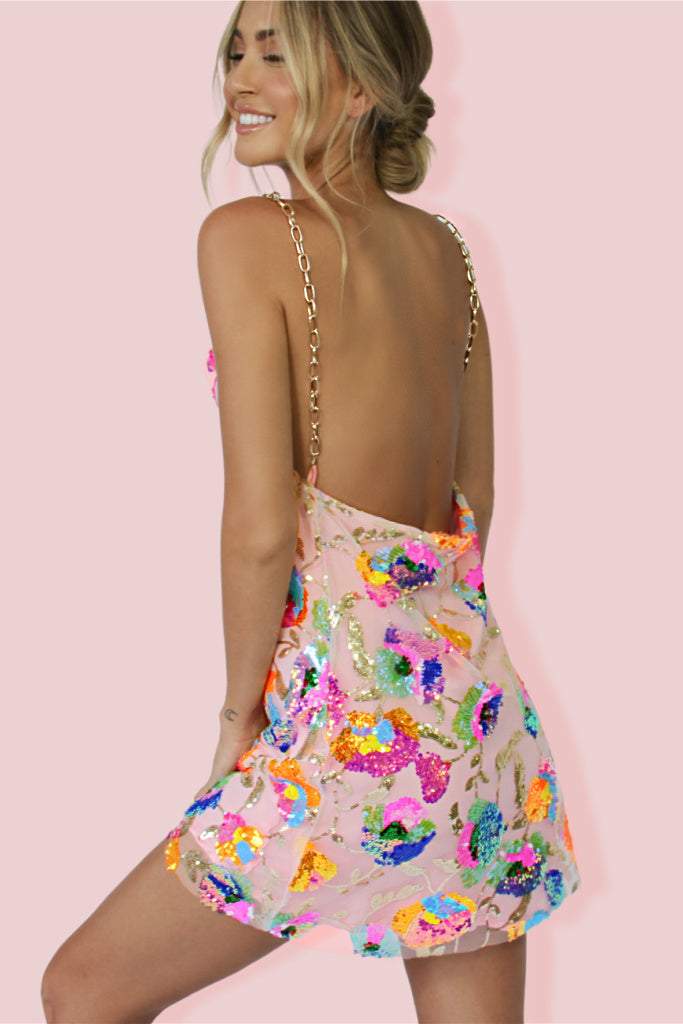 Fana Embroidered Sequins Backless Mini Dress