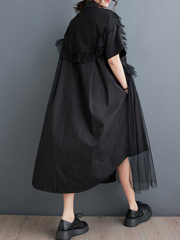 A-Line Half Sleeves Asymmetric Buttoned Ruffled Solid Color Split-Joint Lapel Midi Dresses Shirt Dress