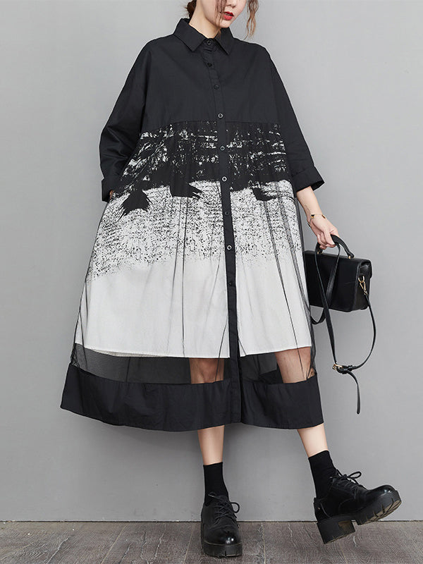 A-Line Long Sleeves Buttoned Gauze Printed Split-Joint Lapel Midi Dresses