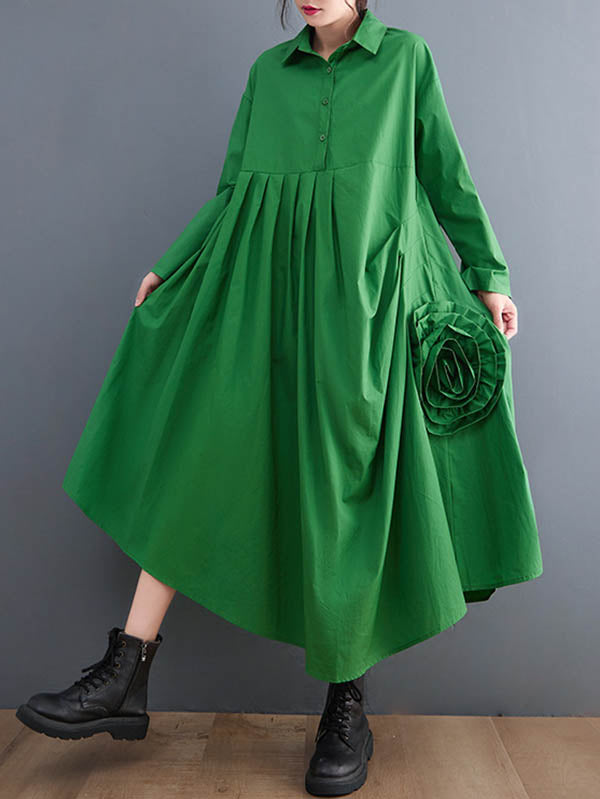 Urban Floral Applique Pleated Long Sleeves Shirt Dress Midi Dress