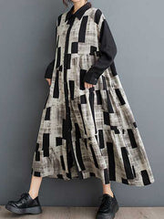 A-Line Long Sleeves Buttoned Printed Split-Joint Lapel Midi Dresses Shirt Dress