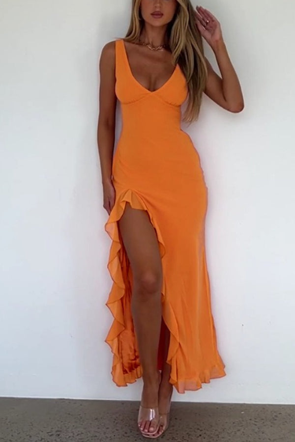 V Neck Slim Fit Ruffled High Slit Maxi Tank Dresses