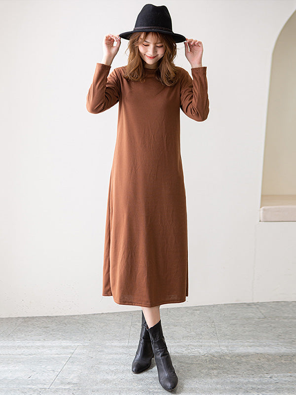 Simple Solid Color Round-Neck A-Line Midi Dress