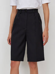 High Waisted Loose Pleated Solid Color Split-Joint Half Pants Shorts Bottoms