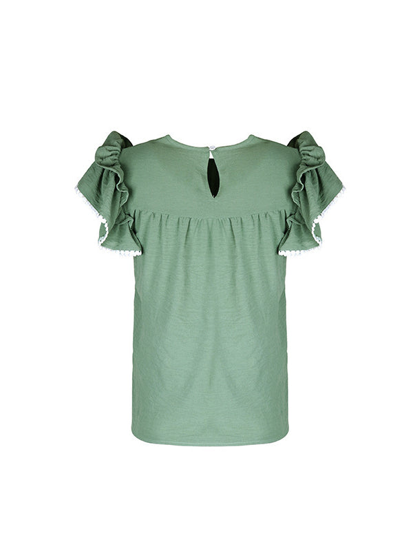 Loose Ruffle Sleeves Pleated Round-neck T-Shirts Tops