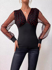 Puff Sleeves Skinny Pleated Polka-Dot See-Through Split-Joint V-neck Blouses&shirts Tops