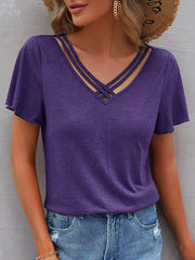 Loose Plus Size Hollow Solid Color Split-Joint V-Neck T-Shirts Tops