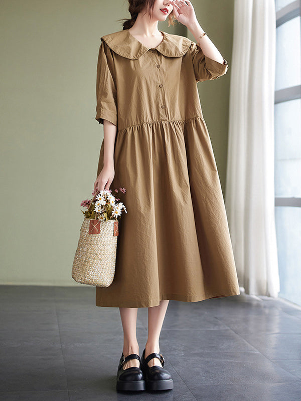 Original Loose Solid Color Buttoned Pleated Midi Dress