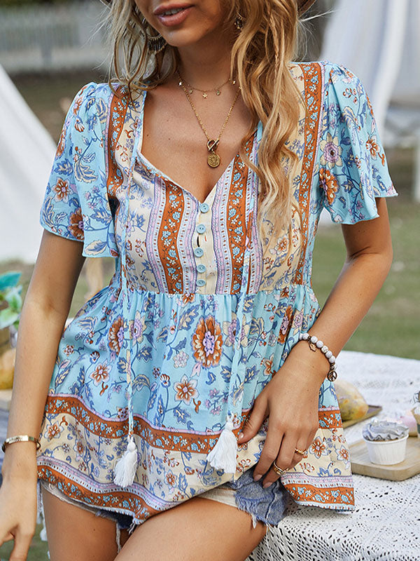 Loose Short Sleeves Buttoned Flower Print Split-Joint Tasseled Tied V-Neck T-Shirts Tops