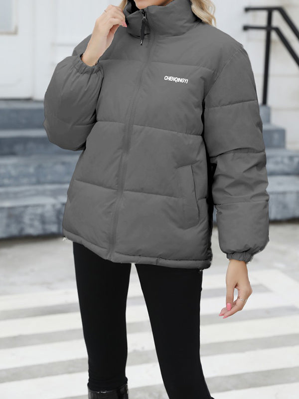 Long Sleeves Loose Keep Warm Quilted Solid Color Zipper High Neck Padded Coat