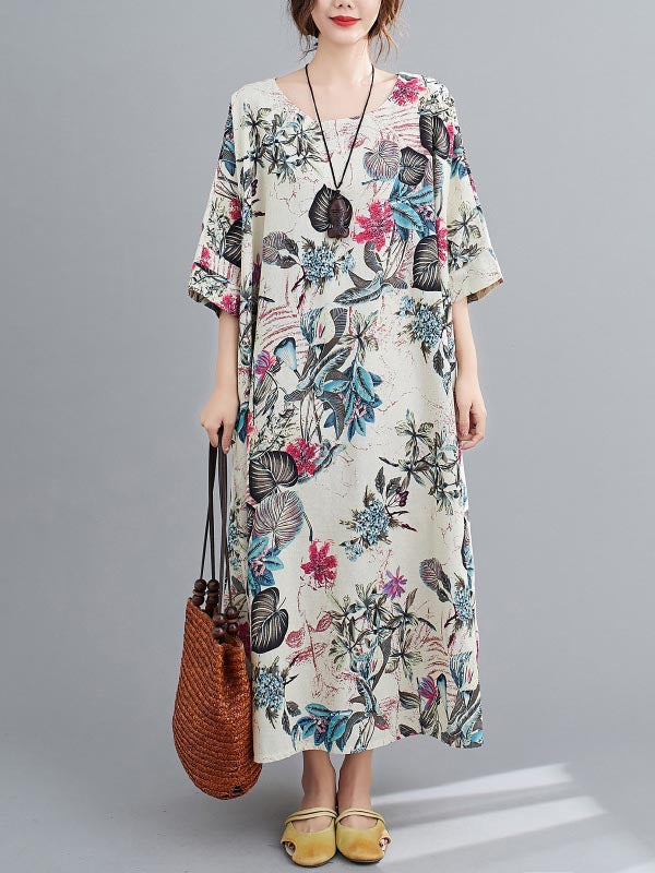 Vintage Floral Round-Neck Dress