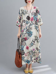 Vintage Floral Round-Neck Dress