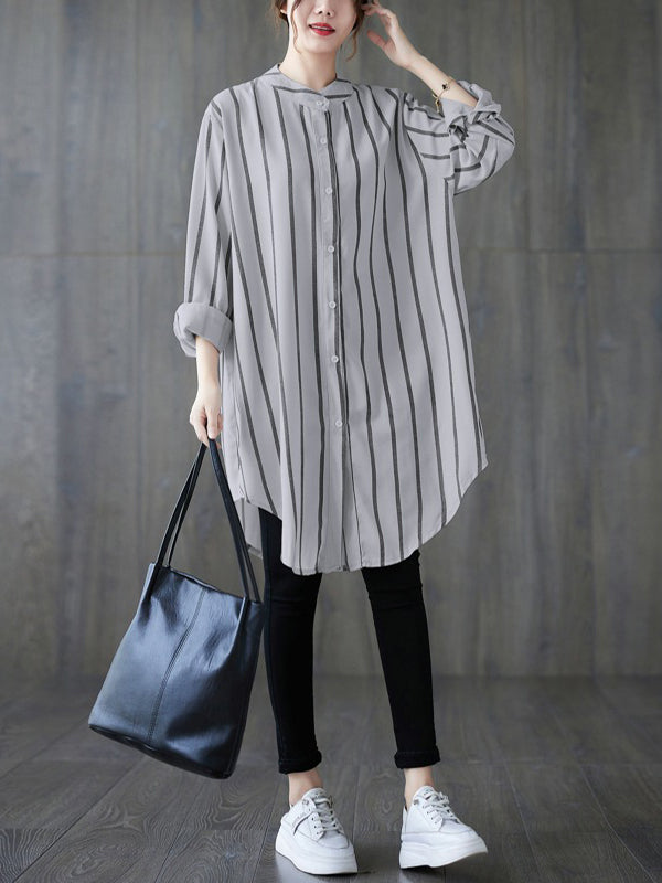 Long Sleeves Loose Buttoned Striped Blouses&Shirts Tops