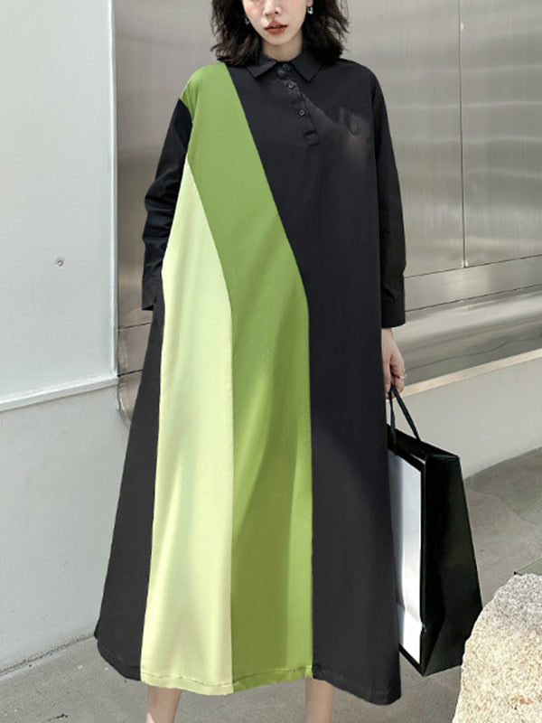 Long Sleeves Loose Asymmetric Buttoned Contrast Color Split-Joint Lapel Midi Dresses Shirt Dress