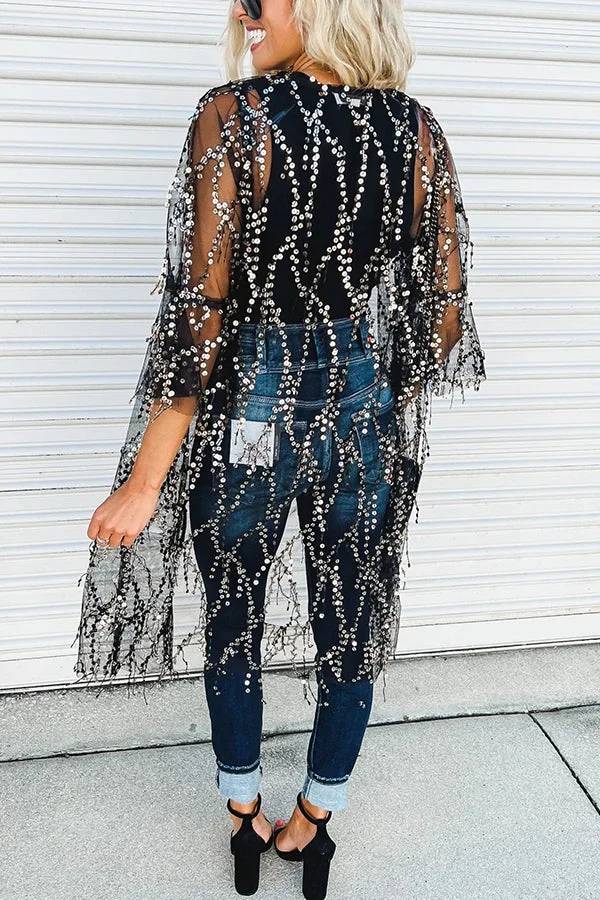 Here for The Party Draped Tassel Sequin Bell Sleeve Loose Kimono