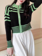 Long Sleeves Contrast Color Striped Zipper Mock Neck Cardigan Tops