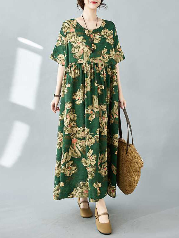 Half Sleeves Loose Flower Print Pleated Pockets Round-neck Midi Dresses