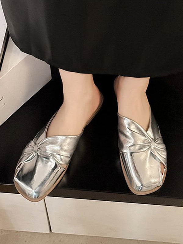 Hollow Pleated Shiny Split-Joint Square-Toe Slippers&Mules