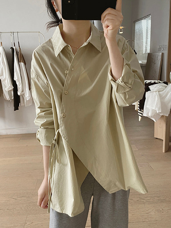 Irregular Clipping Long Sleeves Lace-Up Solid Color Lapel Blouses