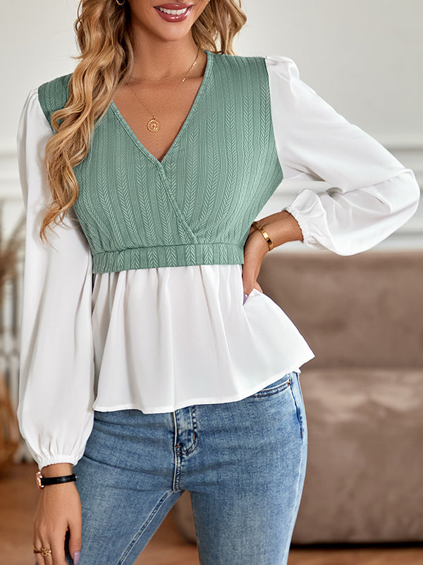 Long Sleeves Loose Asymmetric Elasticity Split-Joint V-Neck Blouses&Shirts Tops