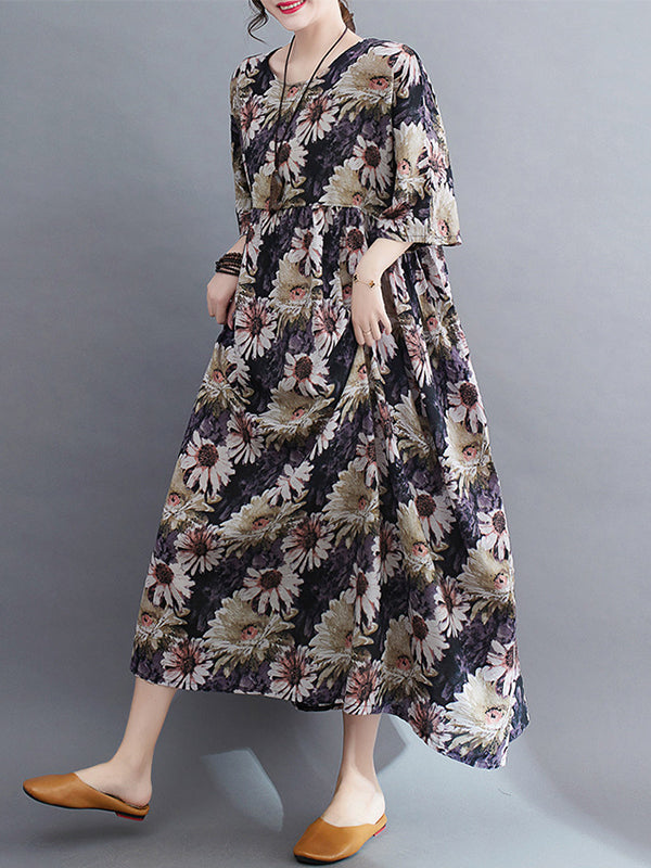 Loose Raglan Sleeve Floral Printed Pleated Split-Joint Round-Neck Midi Dresses