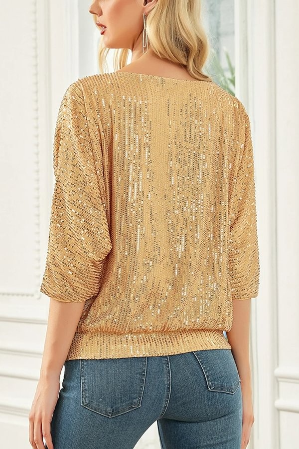 Solid Color Sequined Loose Round Neck Casual Top