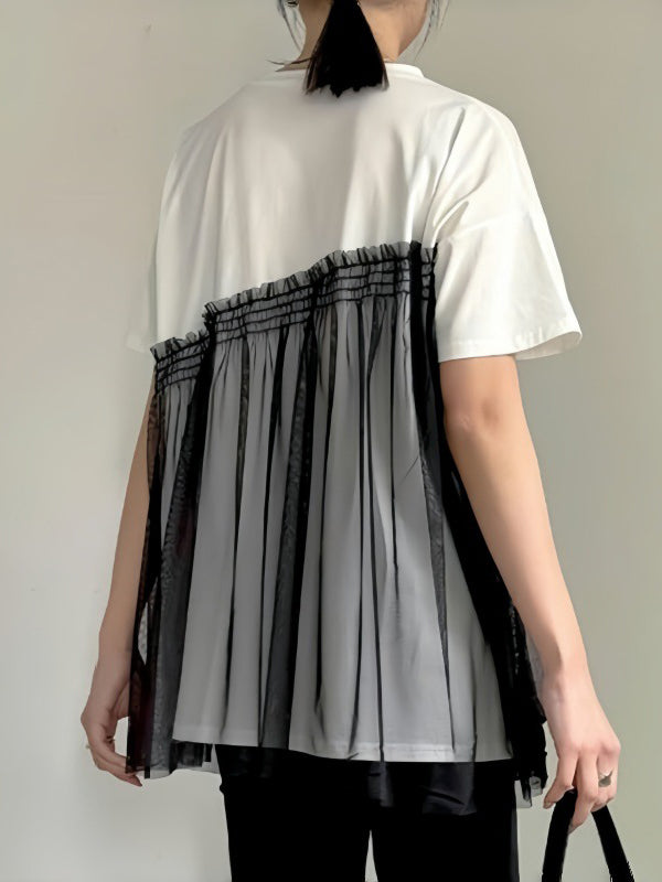 Loose Short Sleeves Asymmetric Mesh Split-Joint Round-Neck T-Shirts Tops