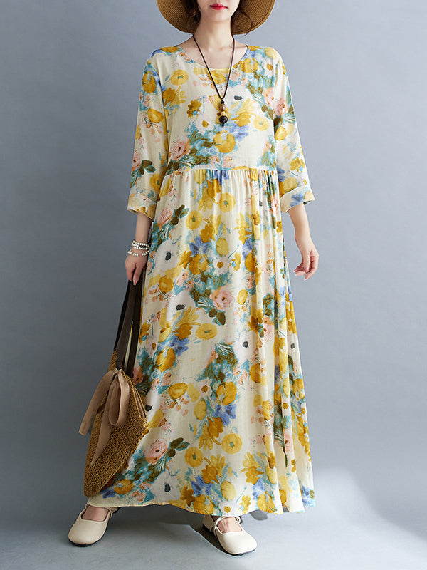 Long Sleeves Loose Flower Print Split-Joint Round-Neck Midi Dresses