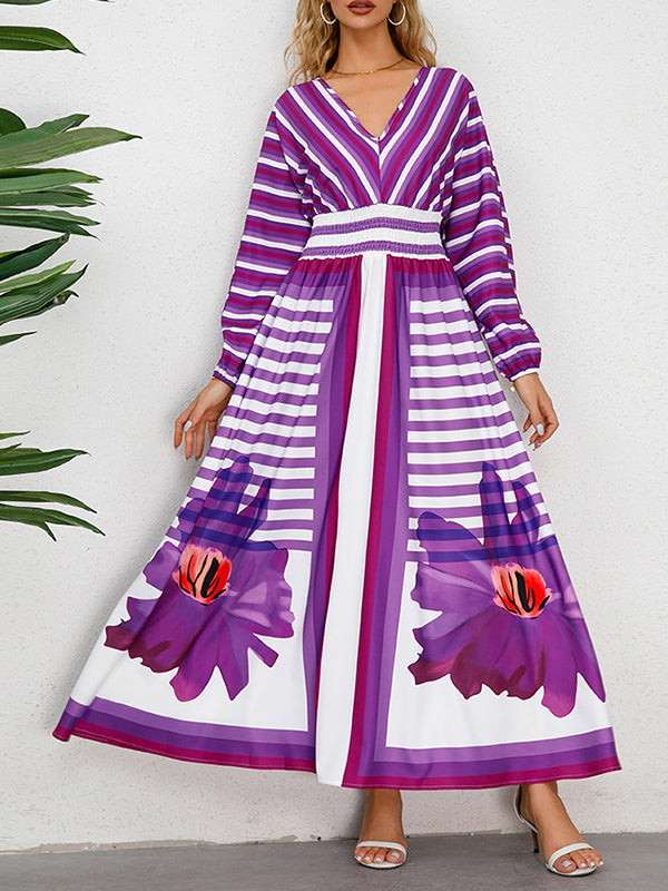 A-Line Long Sleeves Backless Elasticity Flower Print Split-Joint Striped Tied V-Neck Maxi Dresses