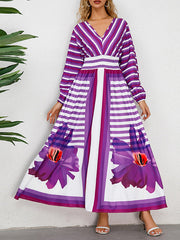 A-Line Long Sleeves Backless Elasticity Flower Print Split-Joint Striped Tied V-Neck Maxi Dresses