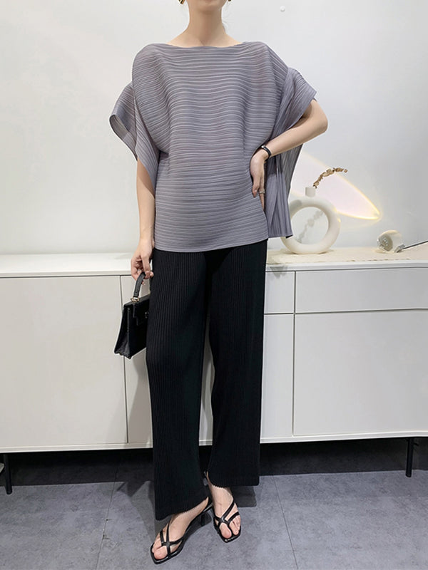 Batwing Sleeves Loose Pleated Solid Color Round-Neck T-Shirts Tops