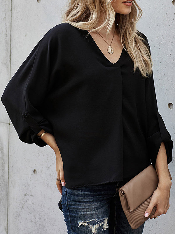 High-Low Loose Buttoned Solid Color V-Neck T-Shirts Tops