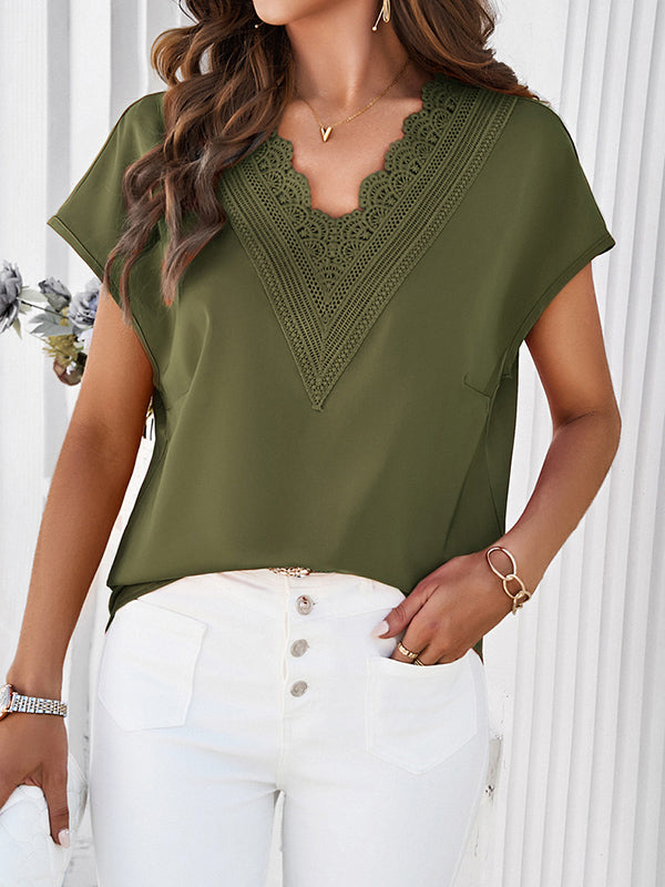 Loose Raglan Sleeve Embroidered Hollow Solid Color Split-Joint V-Neck T-Shirts Tops