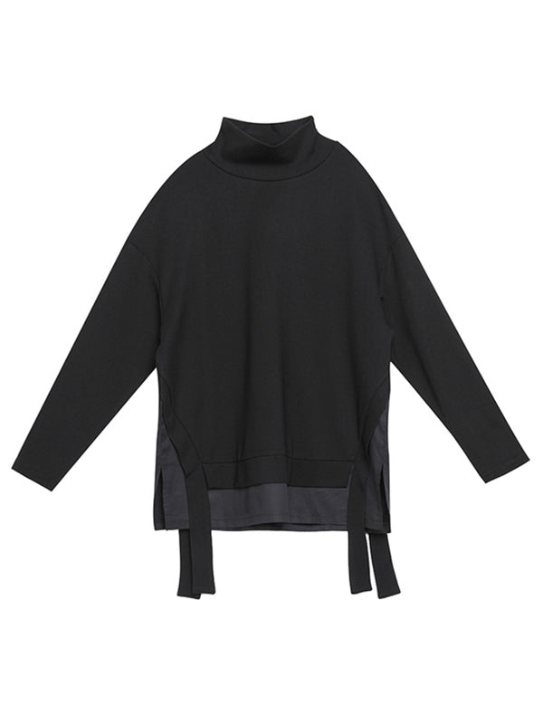 Black False-Two Split-Joint High-Neck Sweatshirt T-Shirt