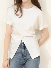 Batwing Sleeves Loose Pleated Solid Color Split-Front Split-Joint Round-Neck T-Shirts