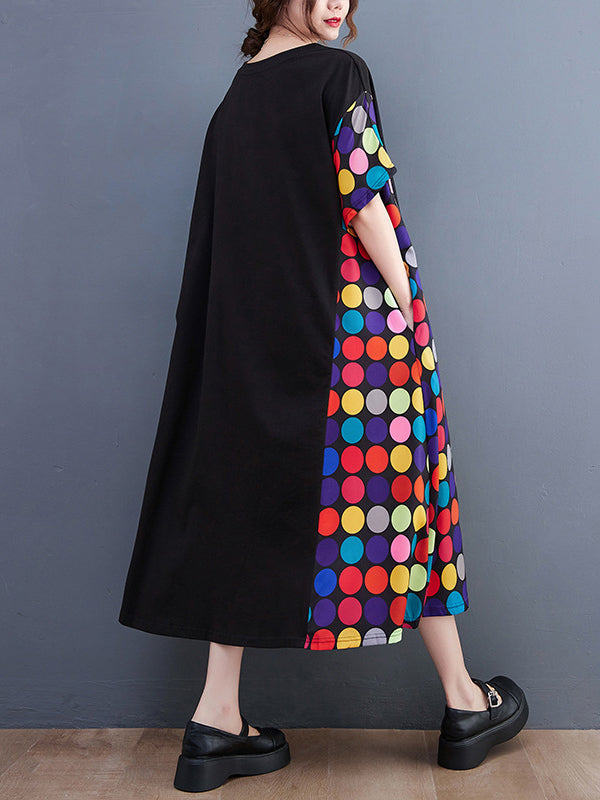 Loose Short Sleeves Multi-Colored Polka-Dot Split-Joint Round-Neck Midi Dresses