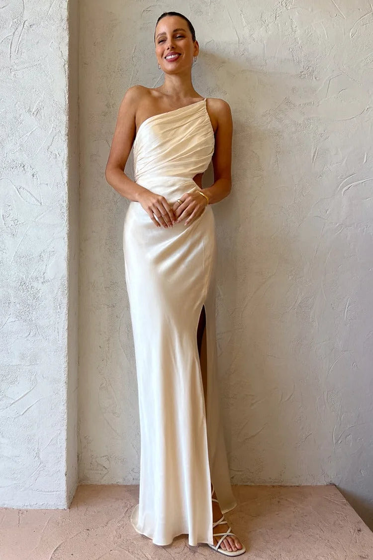 One Shoulder High Slit Ruched Evening Gown Cami Maxi Dress