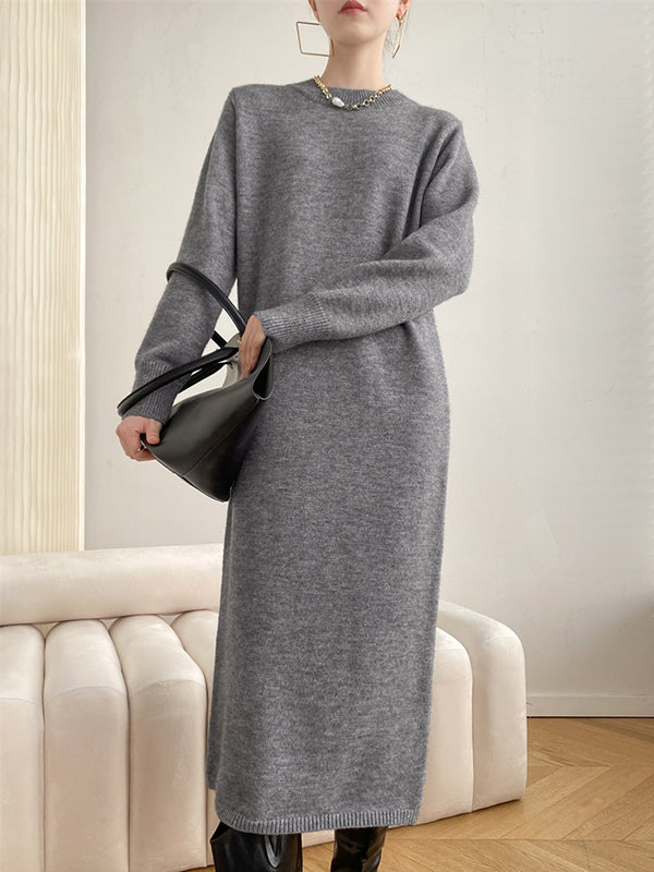 Urban Loose Long Sleeves Solid Color Round-Neck Sweater Dresses