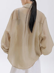 Loose Puff Sleeves See-Through Solid Color Split-Joint Sun Protection Lapel Blouses