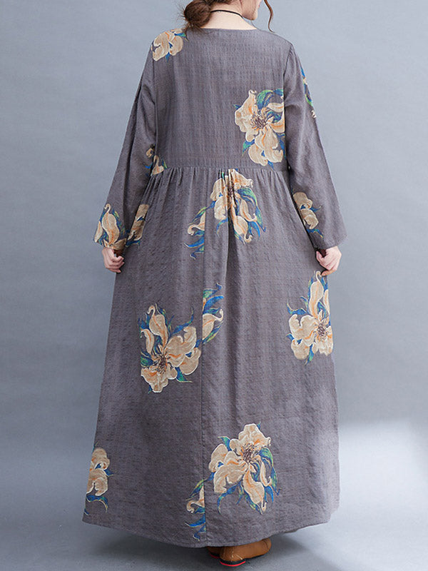 Casual Loose Pleated Flower Printed Round-Neck Long Sleeves Maxi Dress