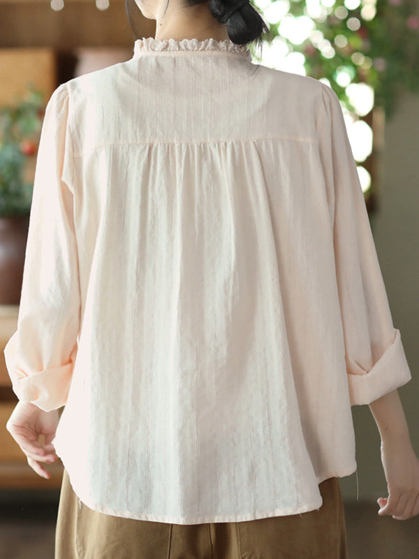 Long Sleeves Loose Embroidered Round-Neck Blouses&Shirts Tops