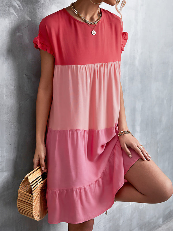 Loose Ruffle Sleeves Contrast Color Falbala Pleated Split-Joint Round-Neck Mini Dresses