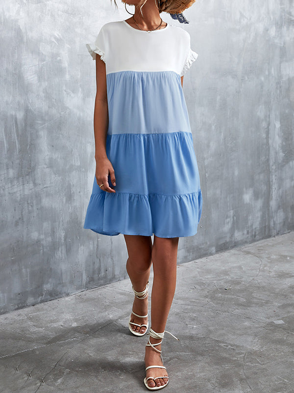 Loose Ruffle Sleeves Contrast Color Falbala Pleated Split-Joint Round-Neck Mini Dresses