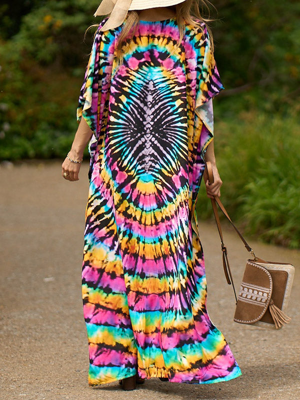 Batwing Sleeves Loose Printed Split-Side V-Neck Beach Cover-Up Maxi Dresses