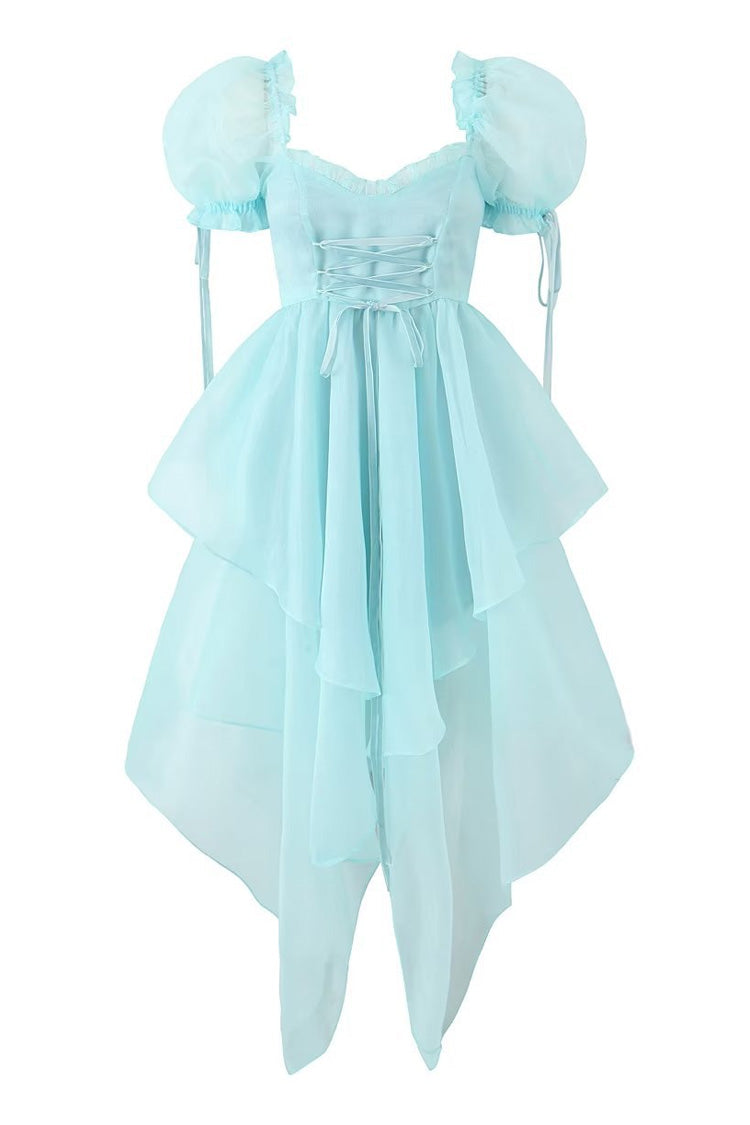 Asymmetrical Bow Tie Puff Sleeve Lace Up Organza Summer Ruffle Tiered Dress