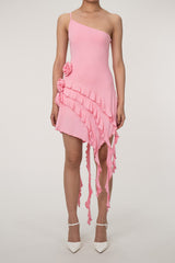 Asymmetrical Cami One Shoulder Ruffled Drape Rosette Party Mini Dress