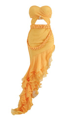 Asymmetrical Layered Ruffle Braided Cutout Strapless Maxi Evening Dress - Yellow